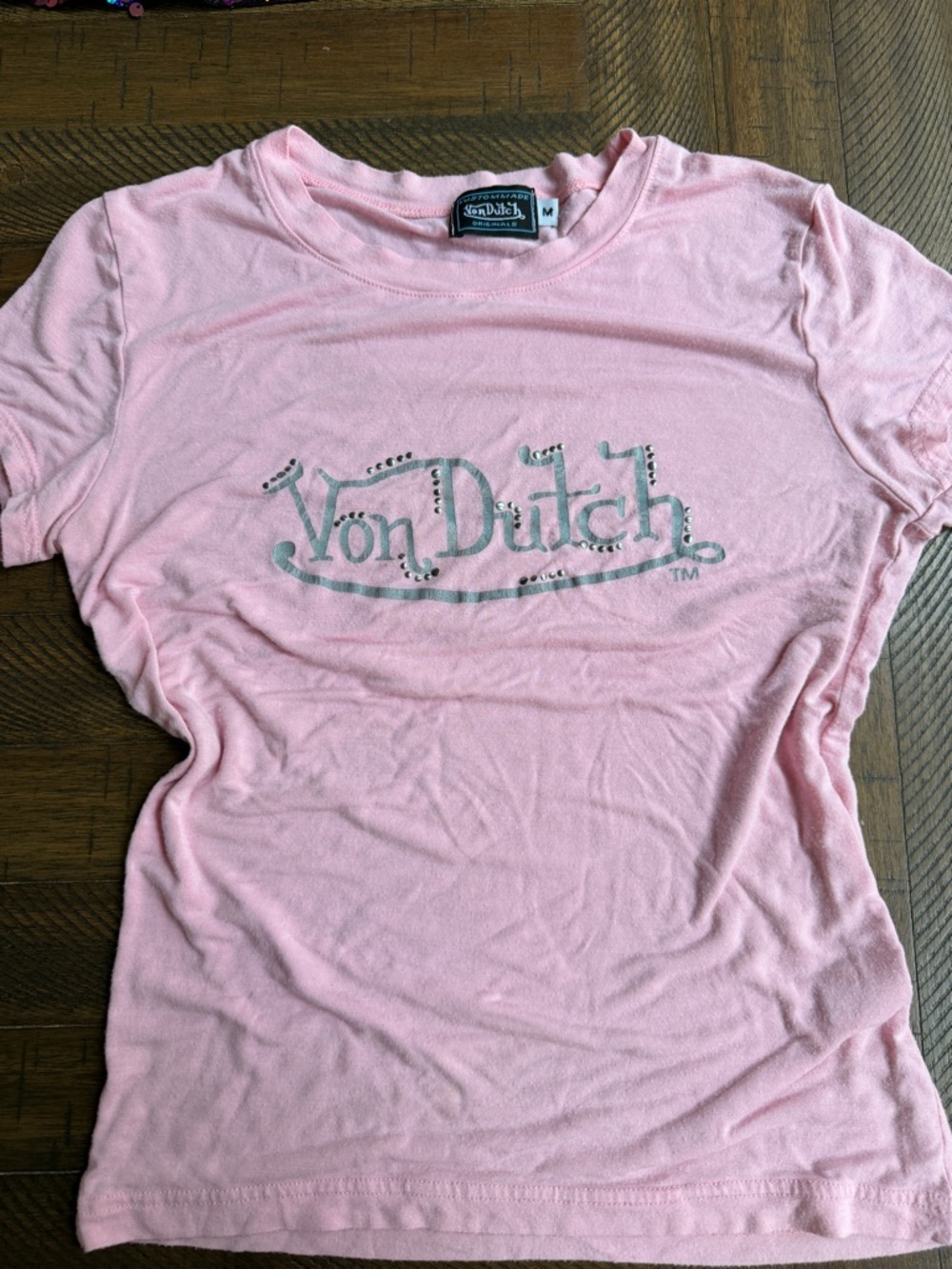 Y2K Von Dutch Baby Pink Tee Rhinestone Logo Graphic Top 100% Cotton 2000s M